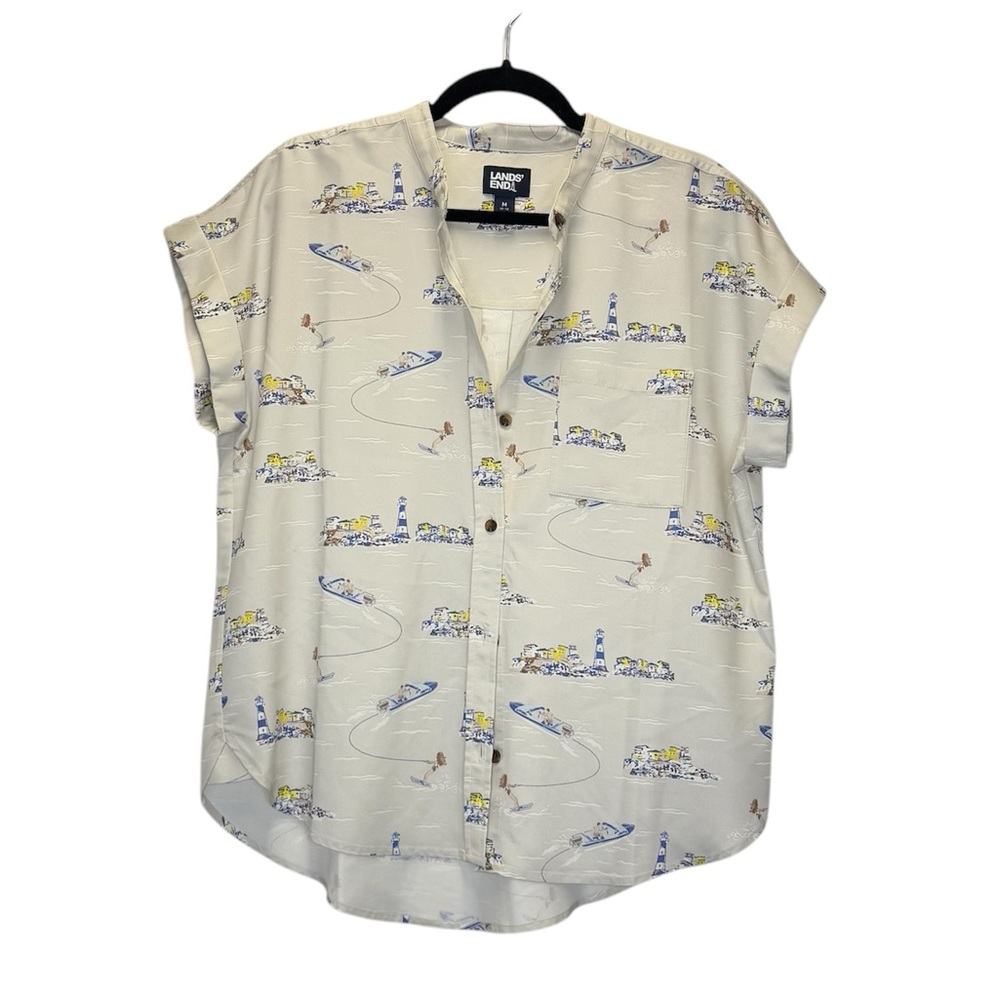 Lands’ End Coastal Jet Ski Patterned Short Sleeve Button Down Blouse Medium